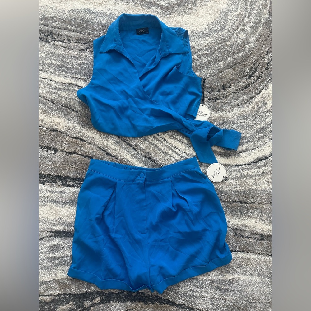Blue Sleeveless Wrap Top and Shorts Set